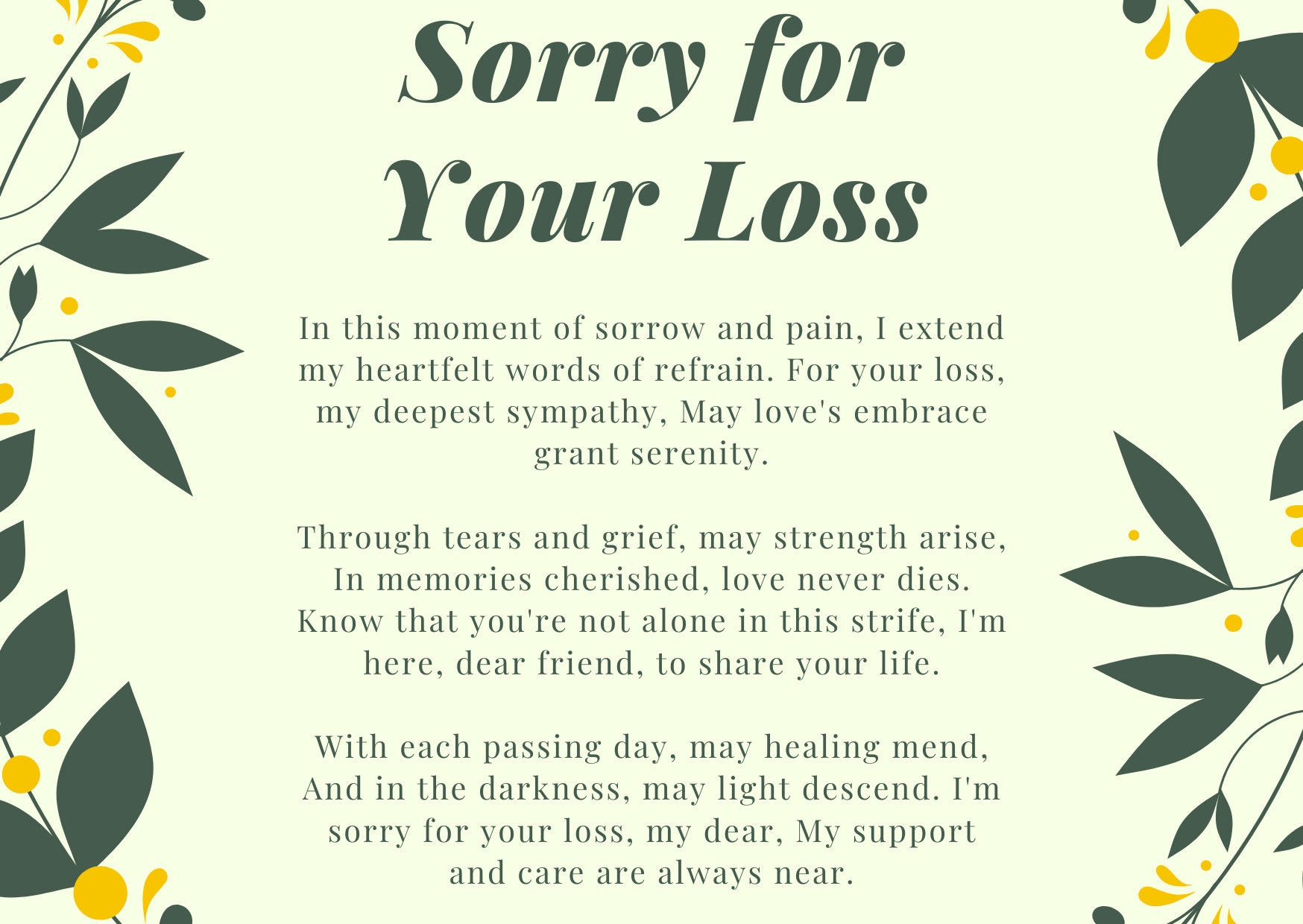 PRINTABLE I Am Sorry For Your Loss Card With Original Poem Sympathy Grief Etsy