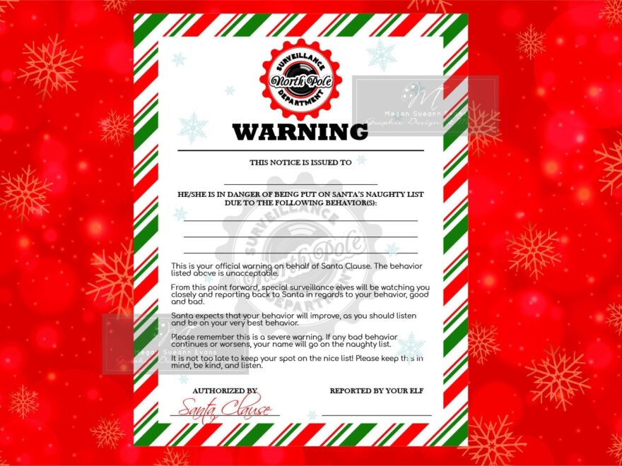 Printable Naughty List North Pole Surveillance Department Elf On The Shelf Warning Bad Notice Santa Clause Christmas List Etsy