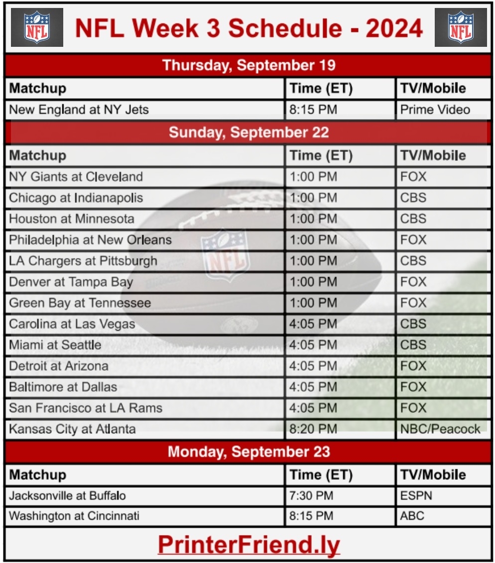 Printable NFL Week 3 Schedule Pdf Archives Printerfriendly