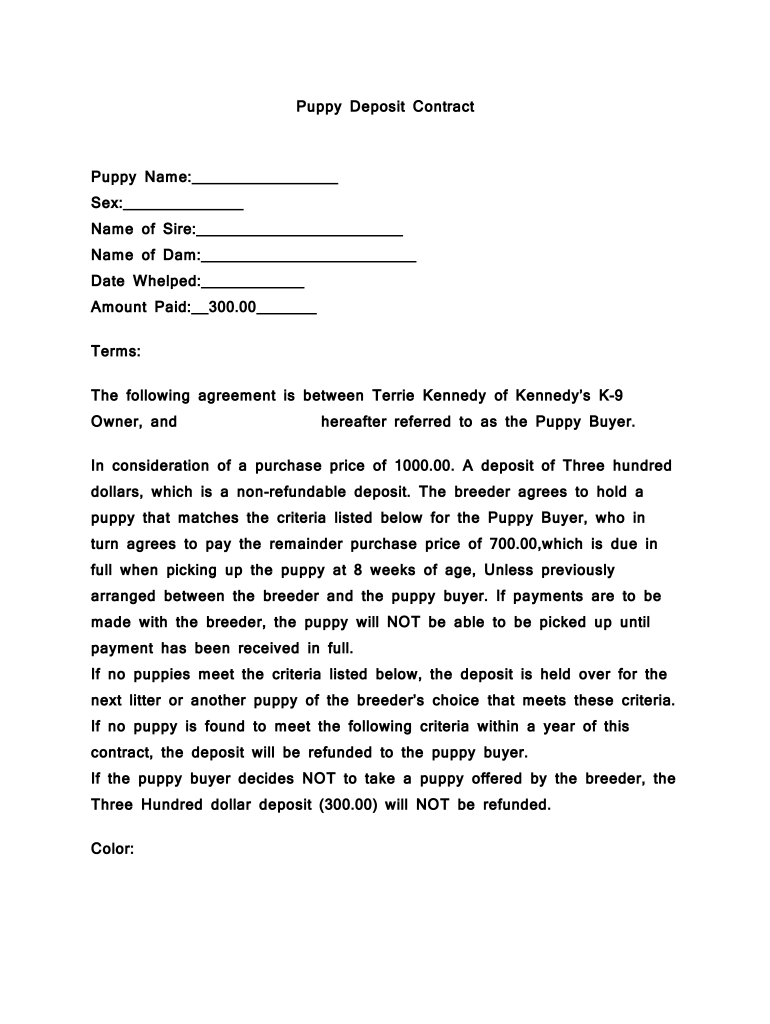 Puppy Breeder Deposit Fill Online Printable Fillable Blank PdfFiller