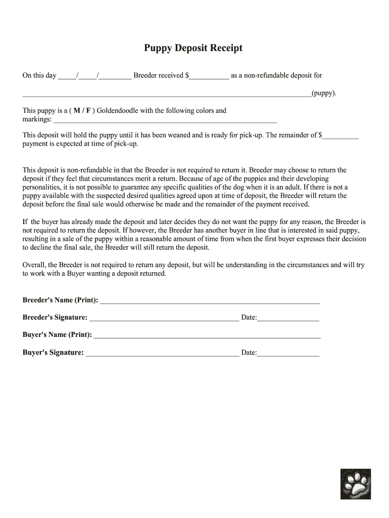 Puppy Deposit Receipt Fill Online Printable Fillable Blank PdfFiller