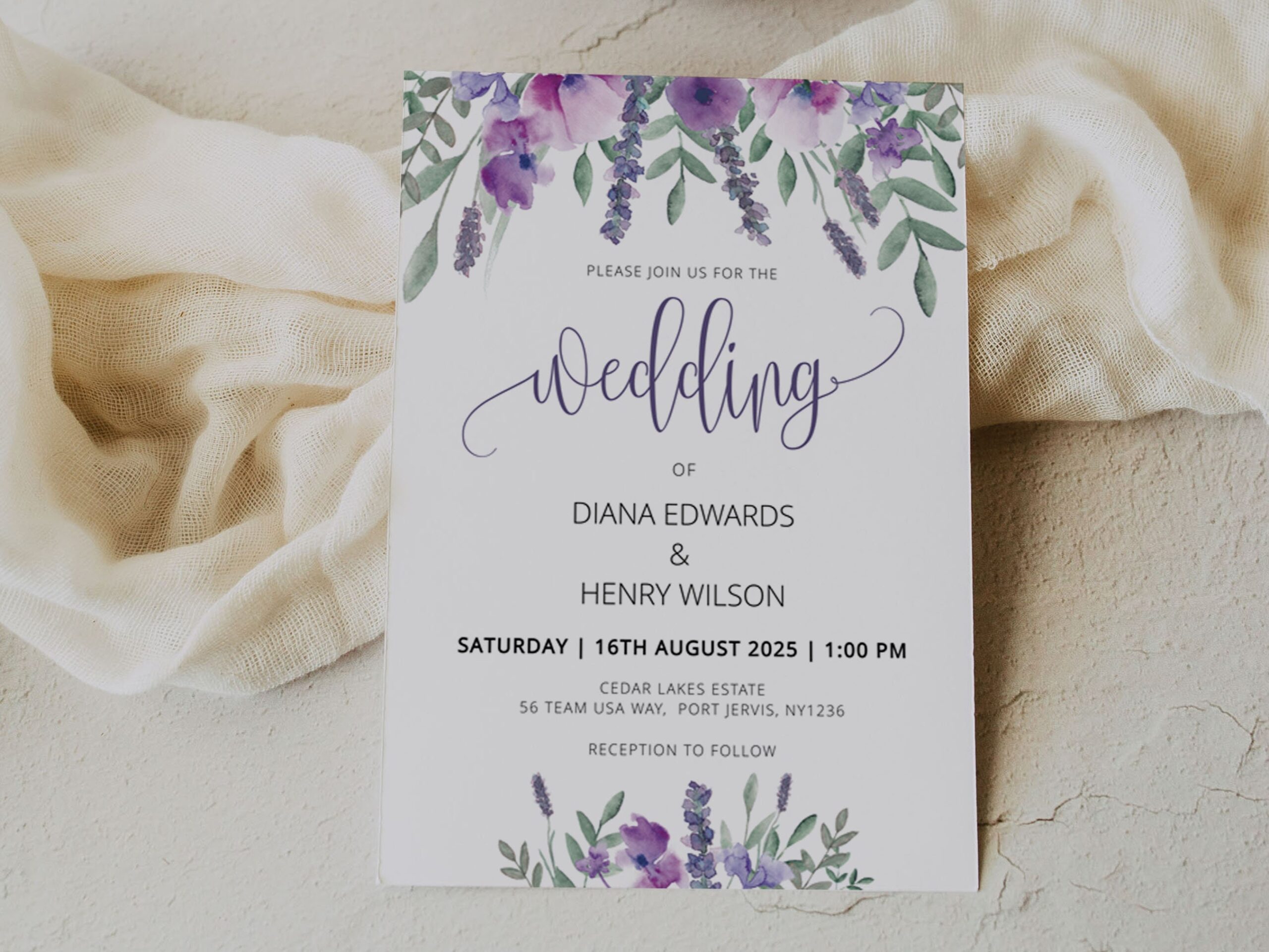PURPLE Wedding Invitation Template Printable Lavender Floral Invite Card Digital Download Etsy