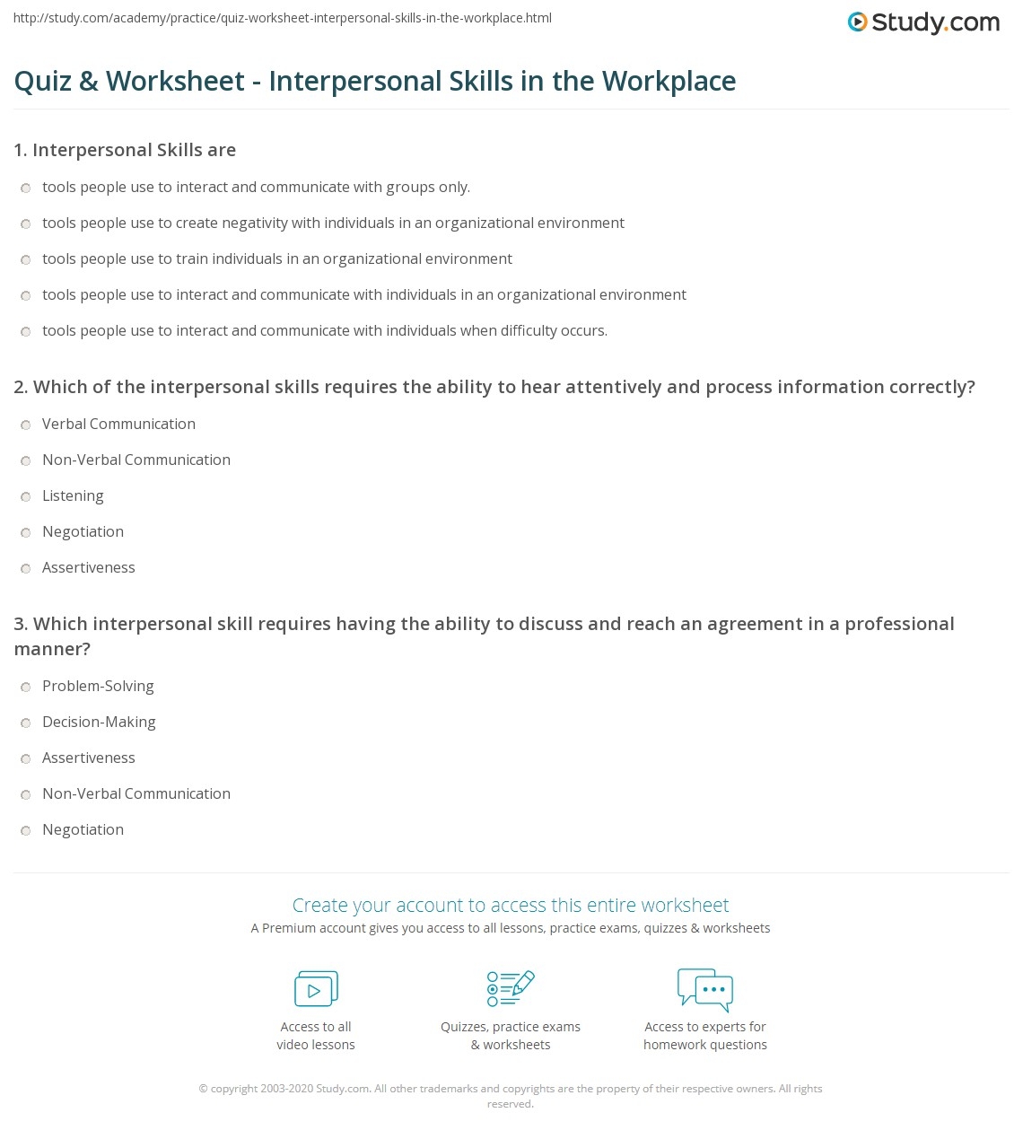 Quiz Worksheet Interpersonal Skills In The Workplace Study