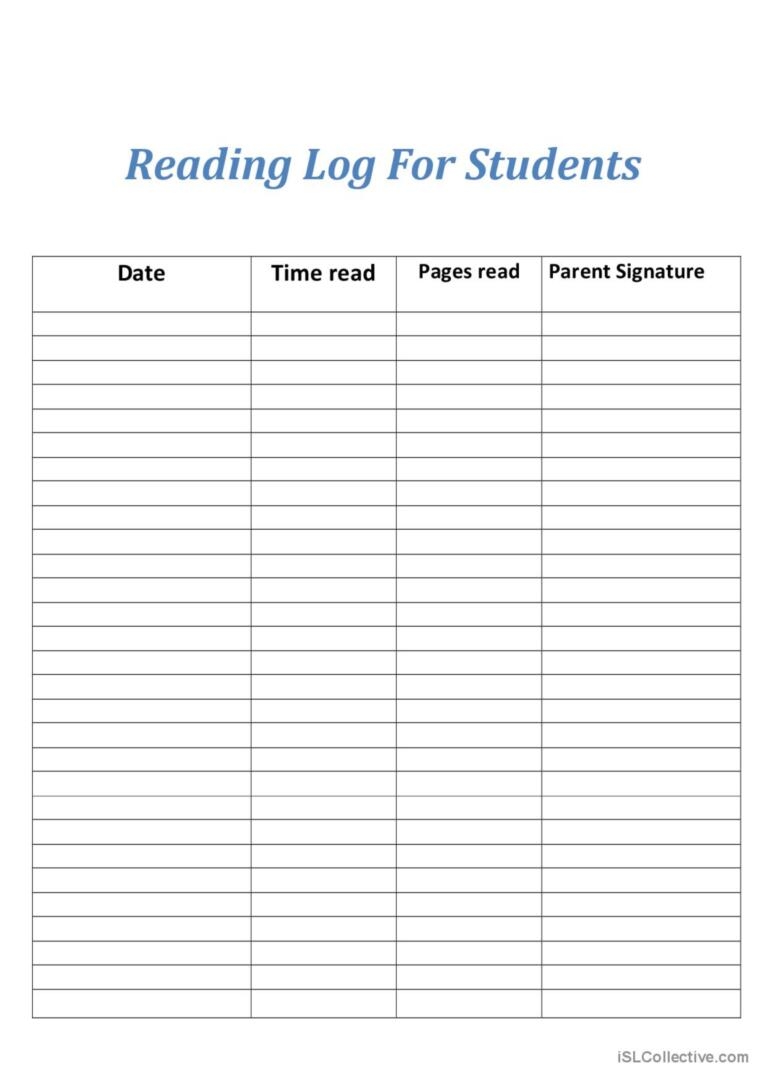 Printable Reading Logs With Parent Signature