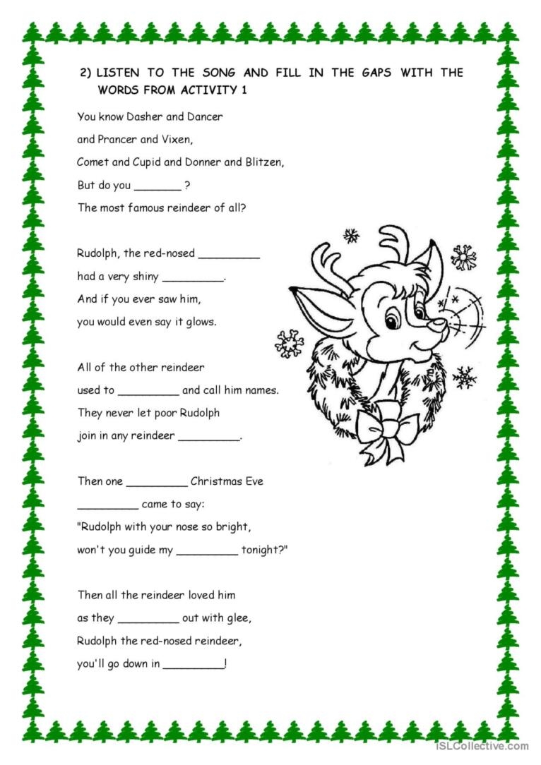Rudolf The Red Nosed Reindeer LYRICS English ESL Worksheets Pdf Doc