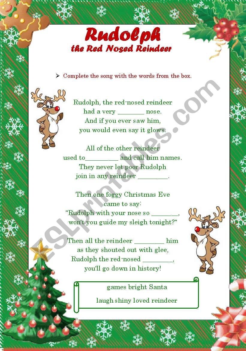 Rudolph The Red Nosed Reindeer Song B W Included ESL Worksheet By Helena22