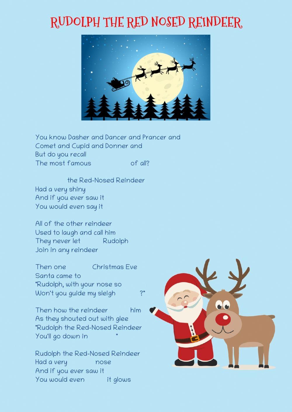 Rudolph The Red Nosed Reindeer Song Lyrics And Colouring Pictures Worksheets Library