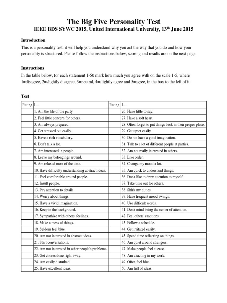 Sam Young The Big Five Personality Test Worksheets Library