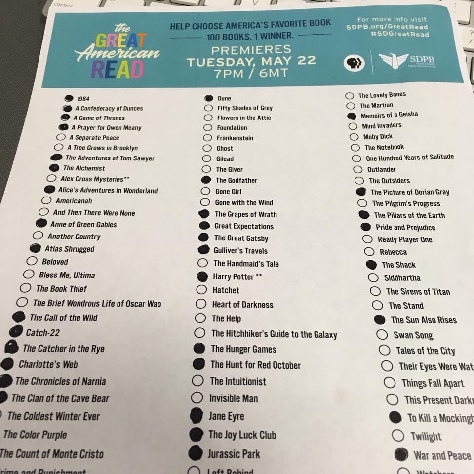 SDPB On X We Want To Know How Many Books From The 100 On The Great American Read List You Have Read Go To Https t co idyqLIRN0G To Download Your Own Printable PDF Checklist