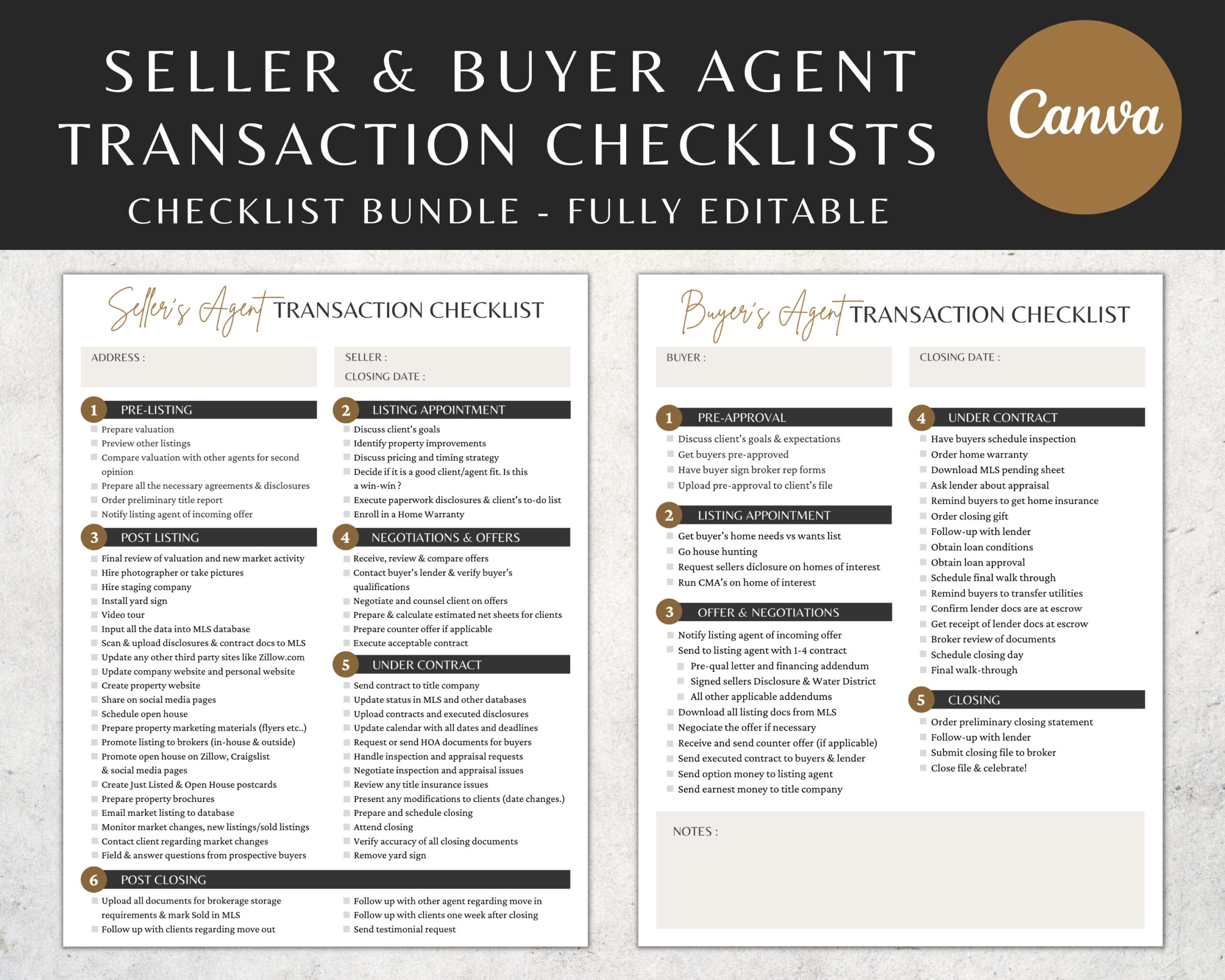 Seller Buyer Agent Transaction Checklists Real Estate Transaction Checklist Pdf realtor Transactionchecklist Templates transactiontracker Etsy