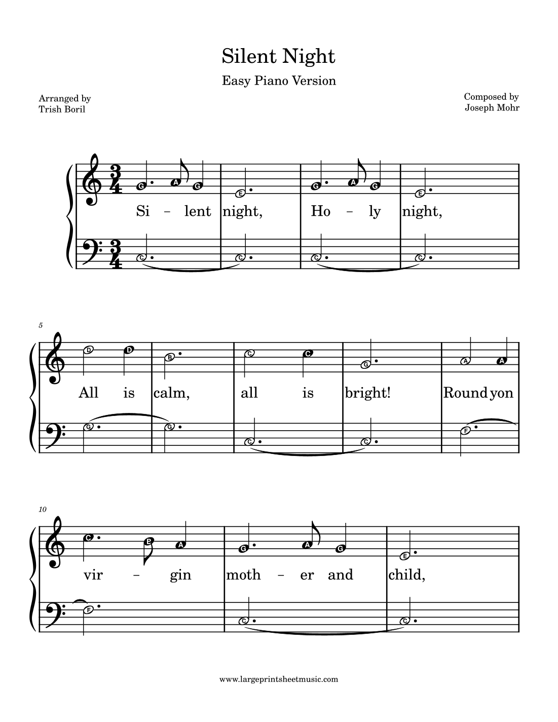 Silent Night Easy Piano LARGE PRINT With Note Names In Note Head arr Trish Boril By Joseph Mohr Sheet Music For Piano Solo At Sheet Music Direct