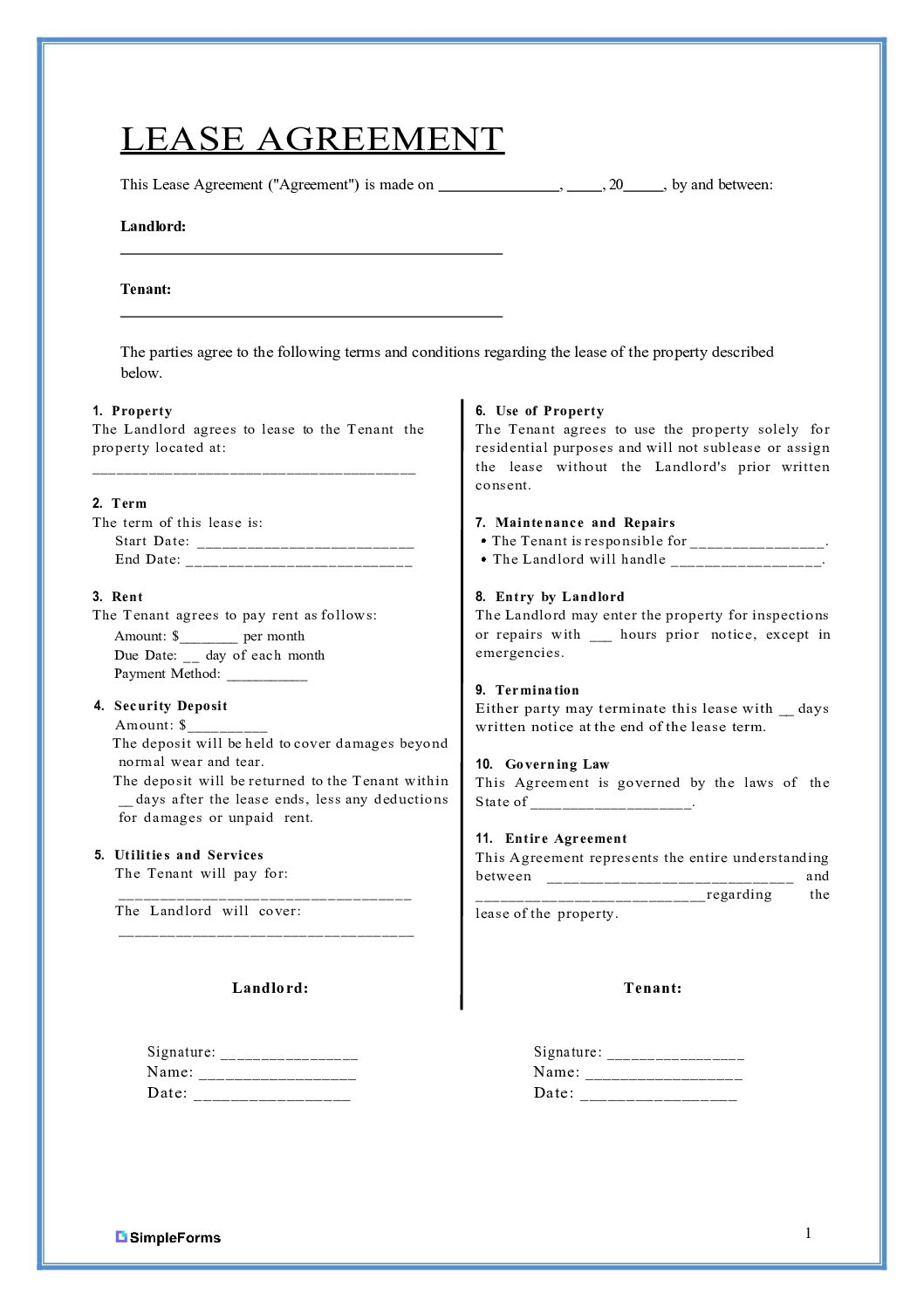 Simple 1 Page Lease Agreement For Vacation Rentals