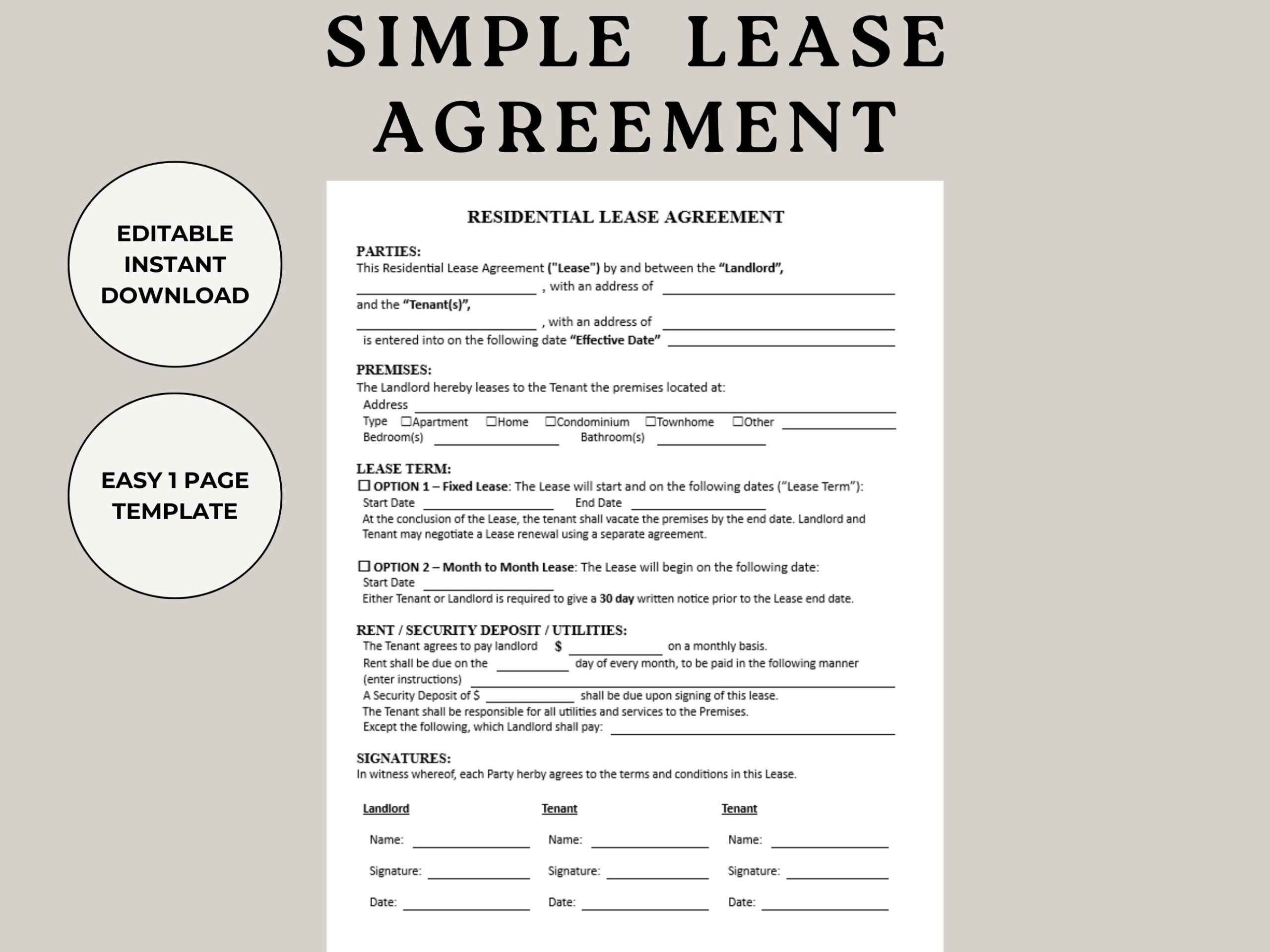 Free Printable Simple One Page Lease Agreement