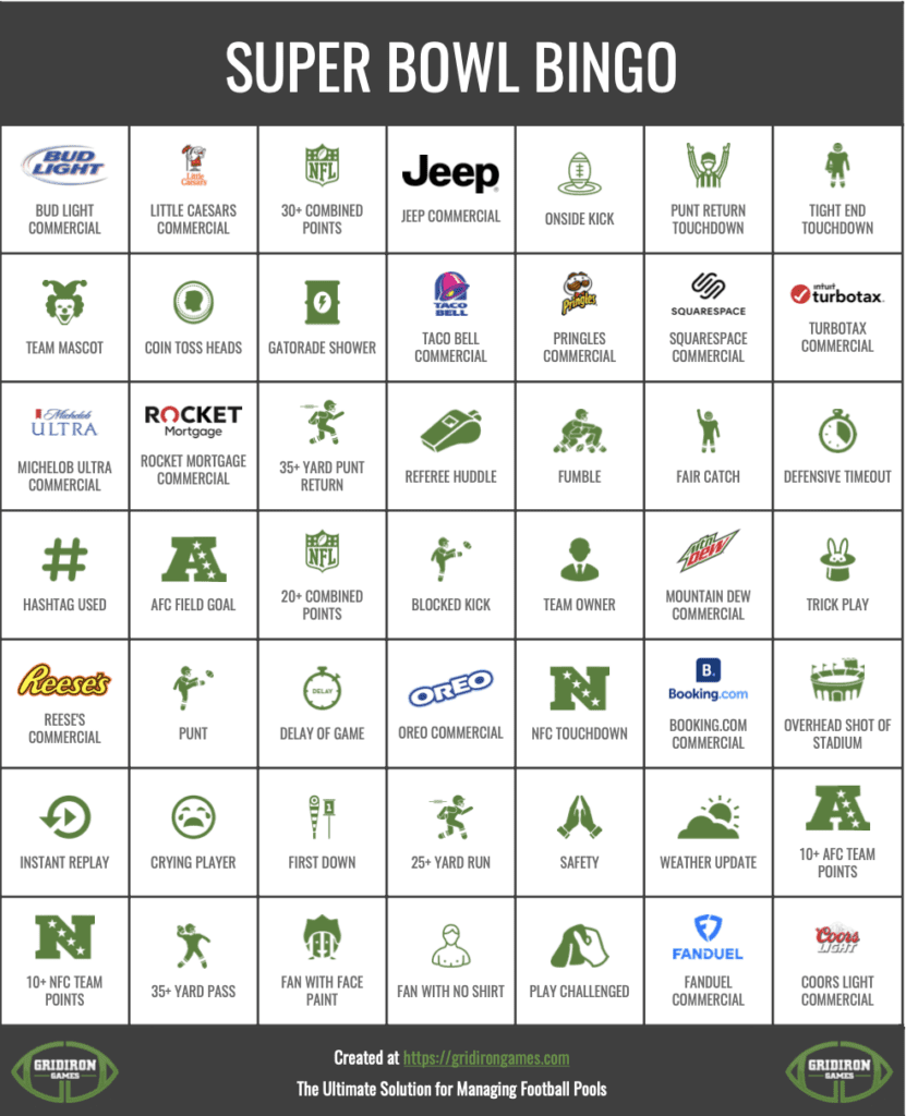 Super Bowl Bingo 2025 Free Printable Cards Commercial Bingo