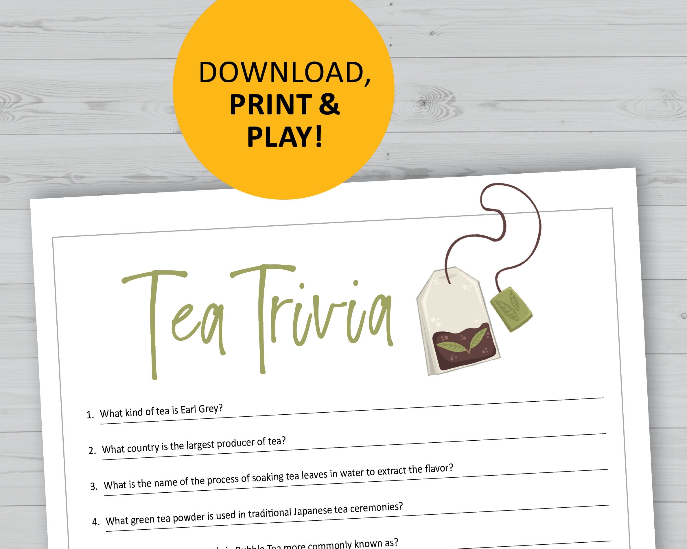 Tea Trivia Game Printable Games Instant Download Office Party Family Night Questions Etsy