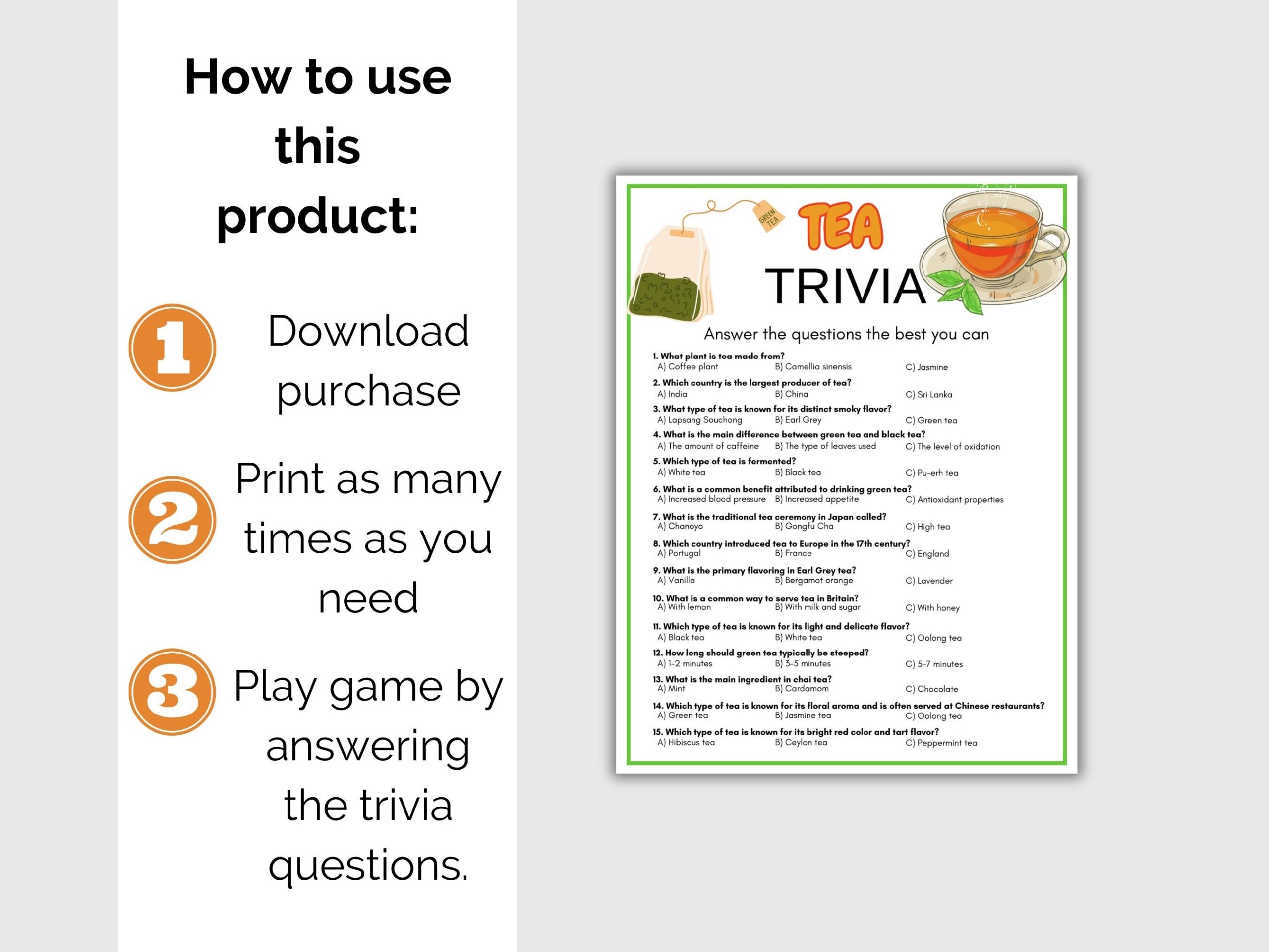 Tea Trivia Game Tea Quiz Printable Tea Game For Kids And Adults Food Trivia Game Tea Activity Drink Trivia Etsy