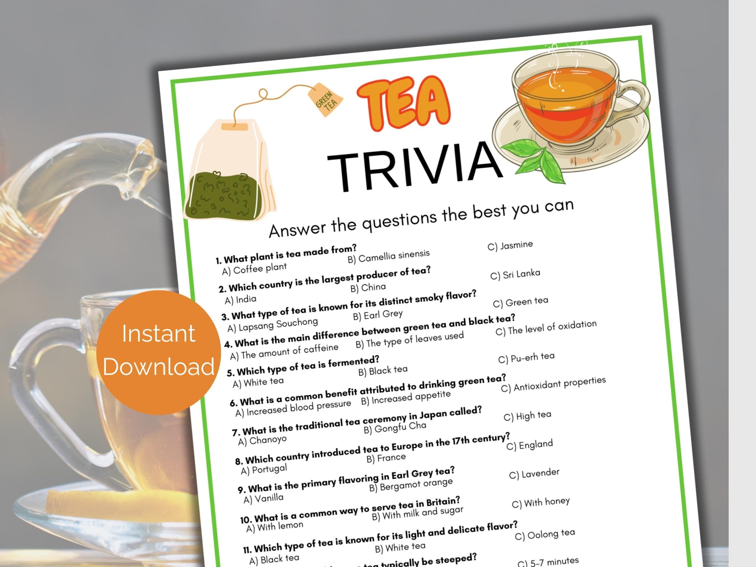 Tea Trivia Game Tea Quiz Printable Tea Game For Kids And Adults Food Trivia Game Tea Activity Drink Trivia Etsy