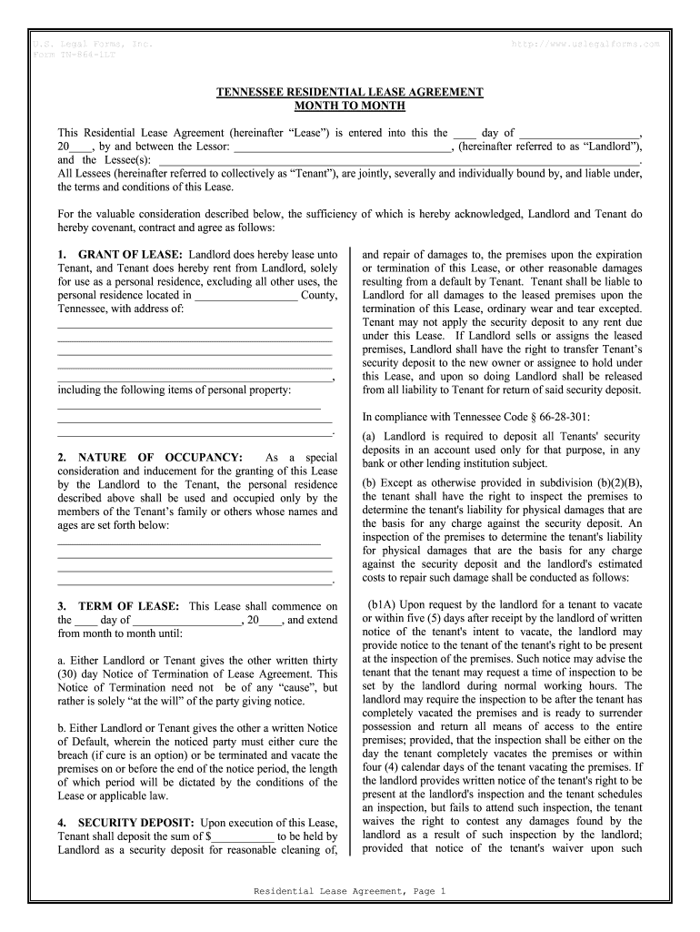 Blank Tennessee Rental Lease Agreement Printable