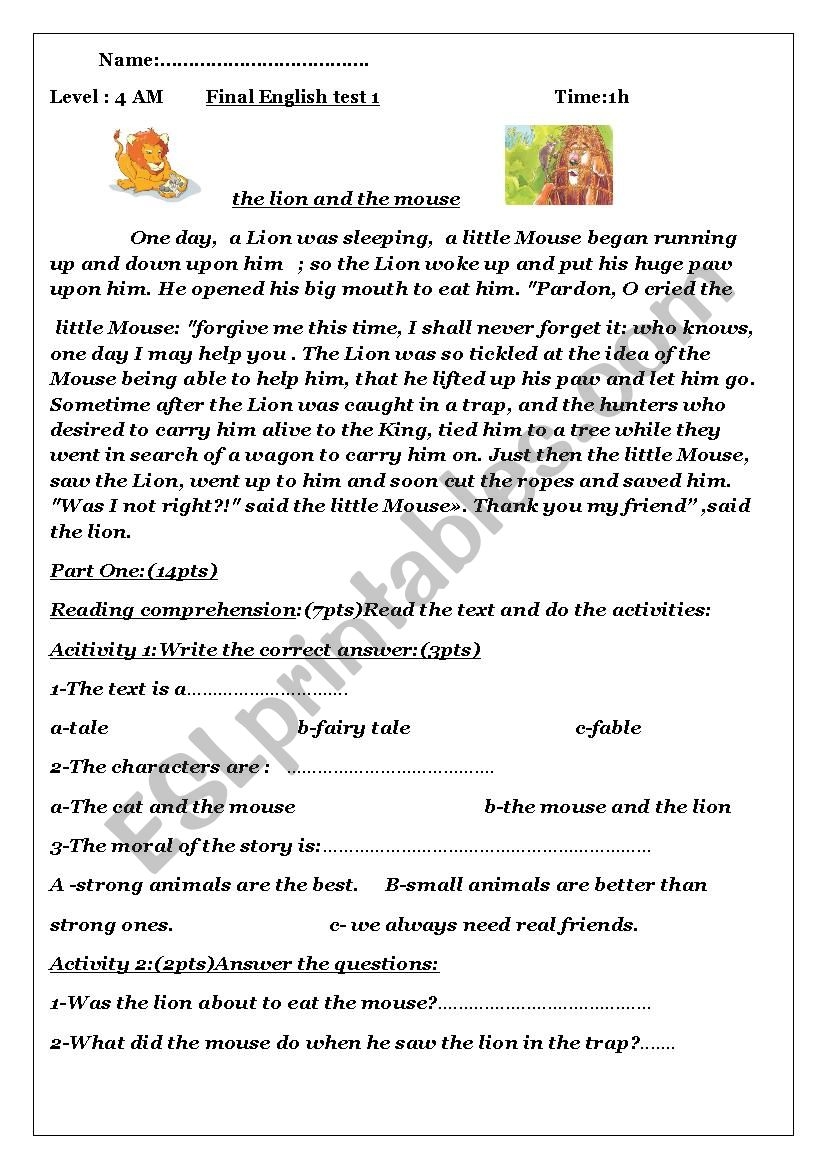 Fable Printables For 7Th Grade