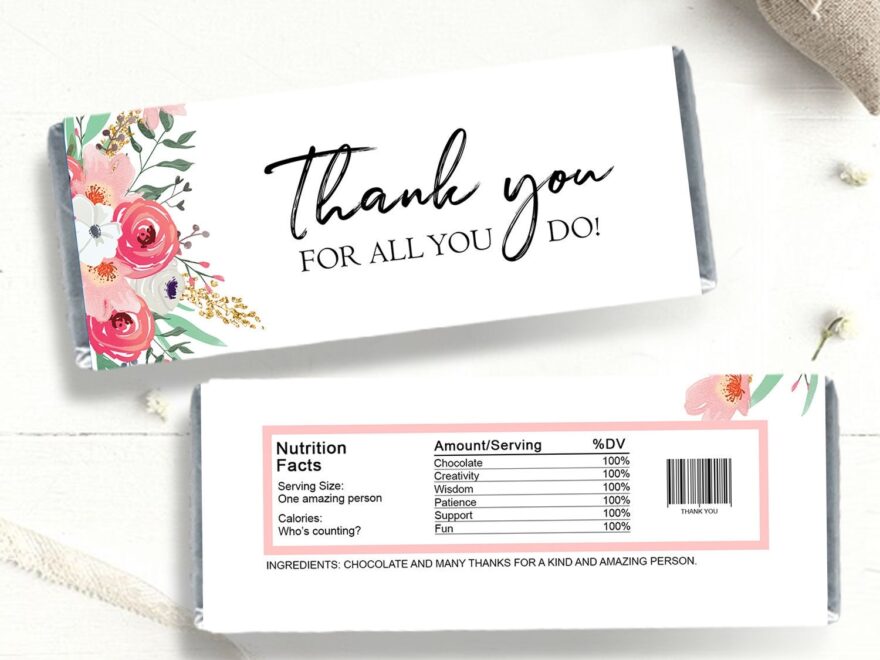 Thank You Candy Bar Wrappers Teacher Employee Appreciation Gift Floral Gold Pink Chocolate Bar Digital Download Printable 0464 Etsy UK