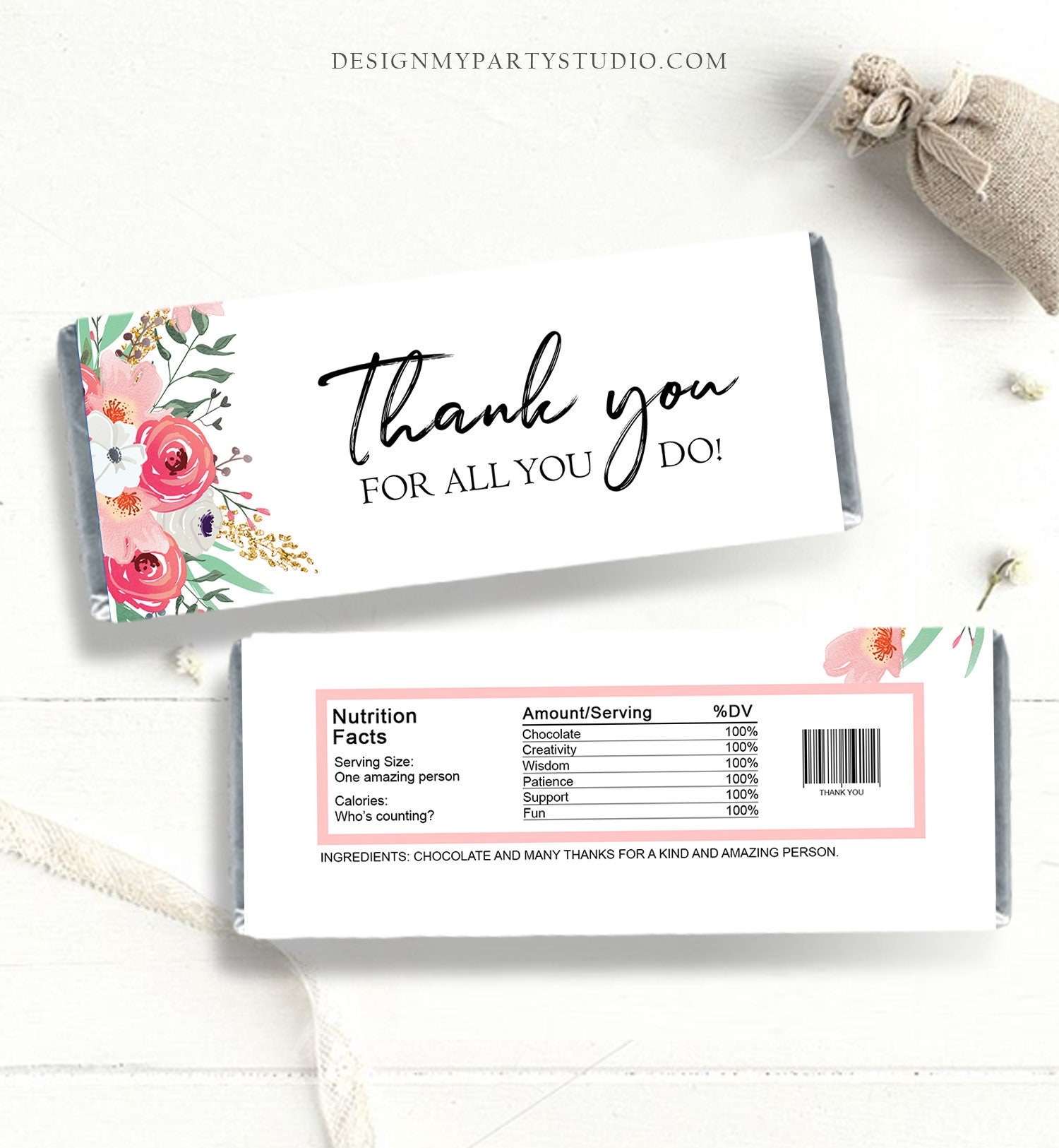 Thank You Candy Bar Wrappers Teacher Employee Appreciation Gift Floral Gold Pink Chocolate Bar Digital Download Printable 0464 Etsy UK