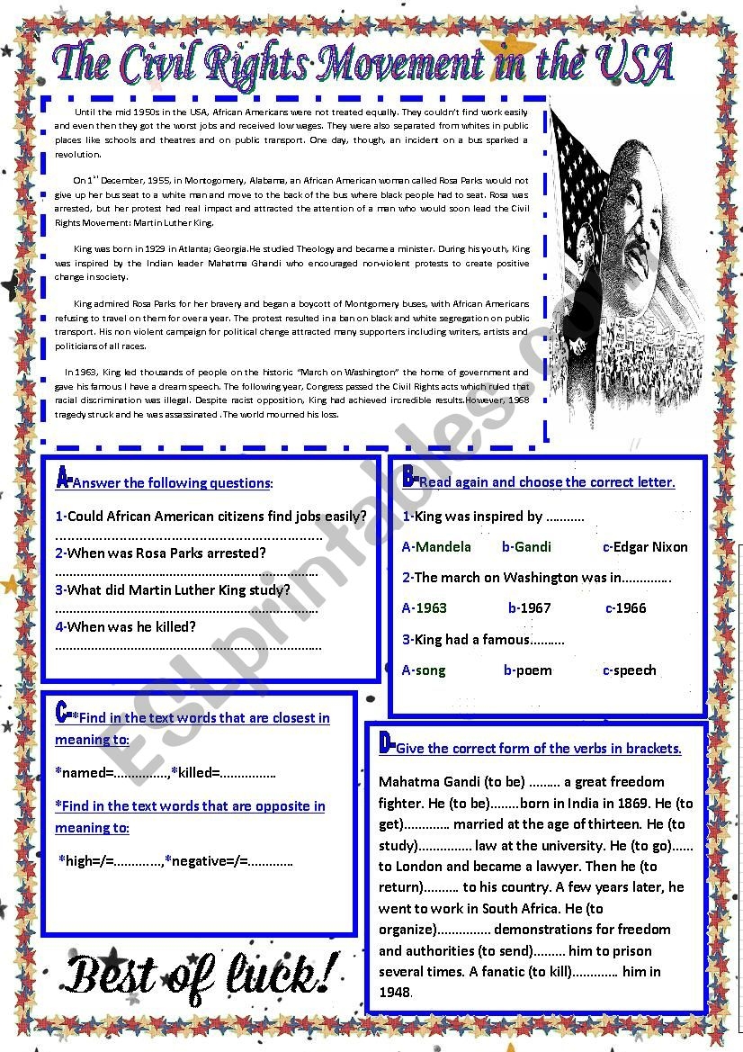 The Civil Rights Movement In USA ESL Worksheet By Sasuna