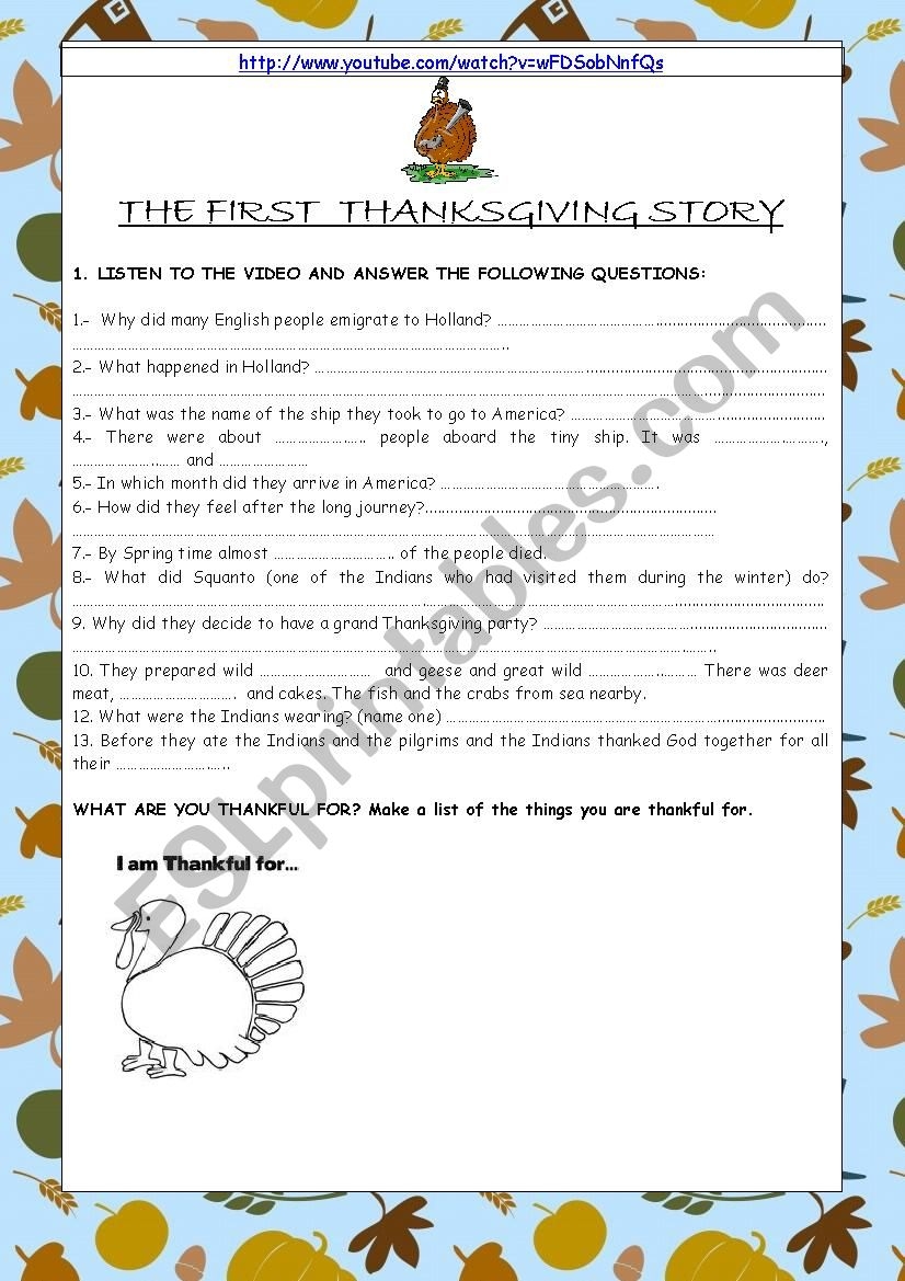 THE FIRST THANKSGIVING STORY ESL Worksheet By Paulabanos