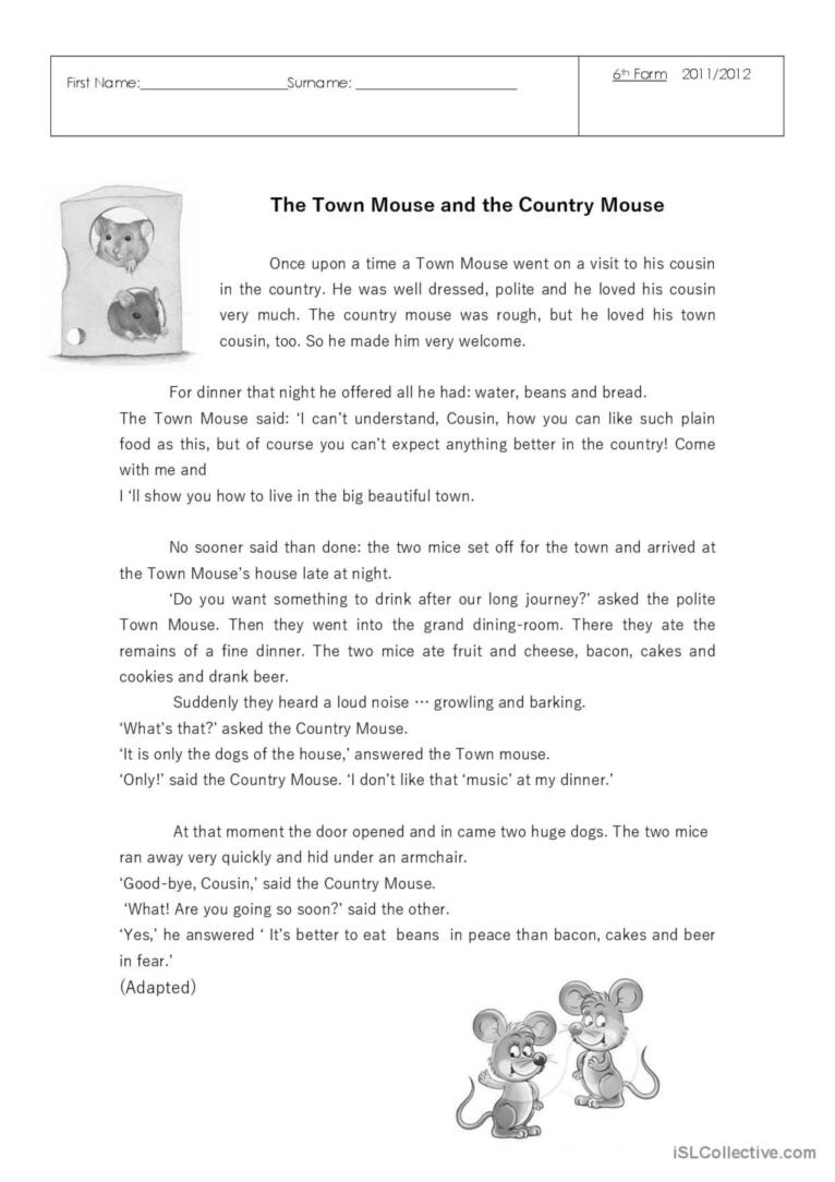 The Town Mouse And The Country Mouse English ESL Worksheets Pdf Doc