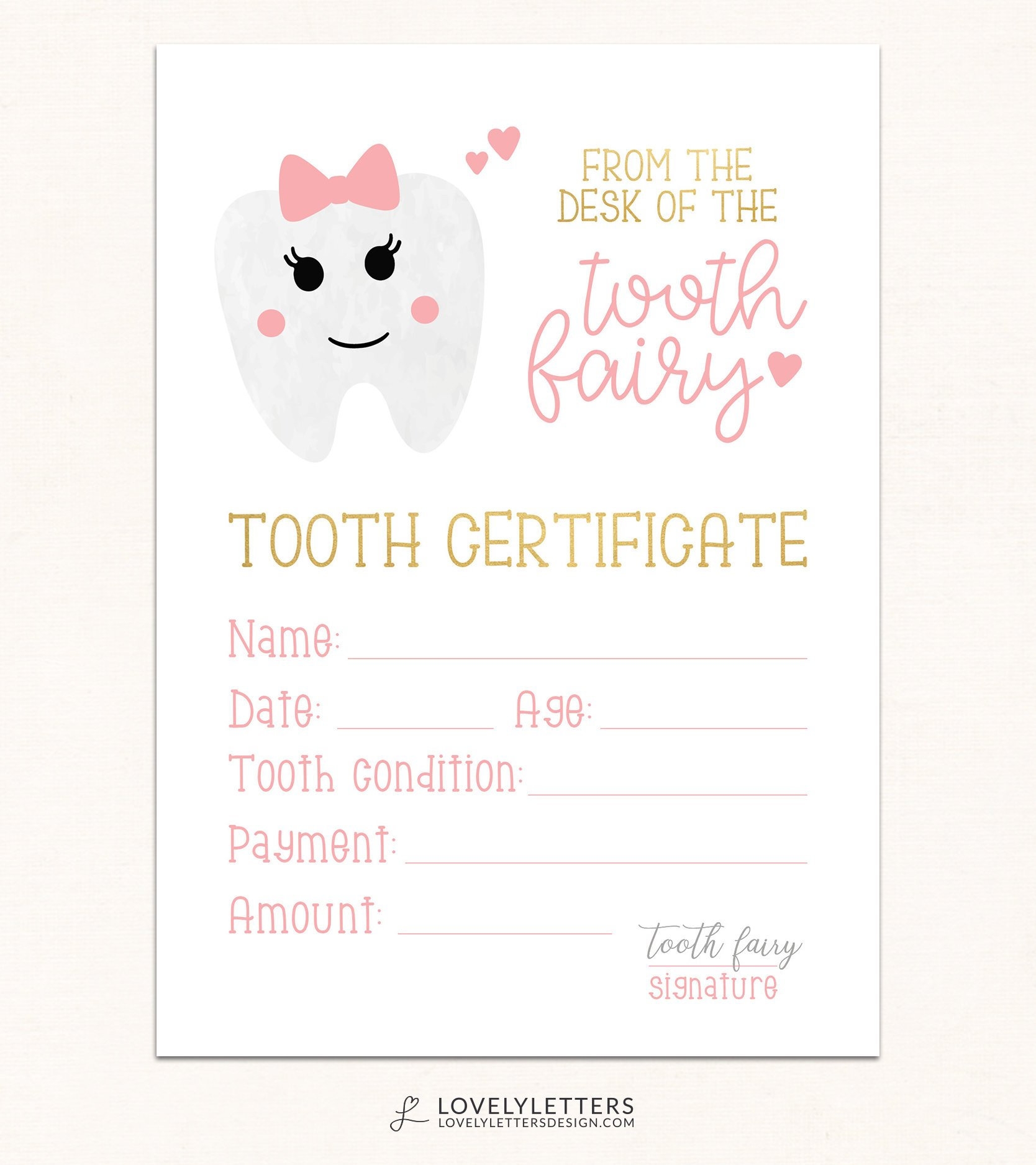 Tooth Fairy Certificate DIGITAL Tooth Fairy Printable Tooth Fairy Receipt Girls Tooth Fairy Print Certificate From Tooth Fairy Etsy UK