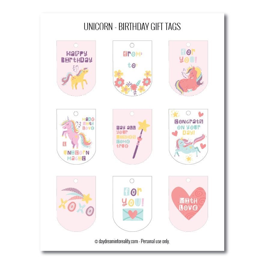 Unicorn Birthday Gift Tags Free Printable Daydream Into Reality Worksheets Library