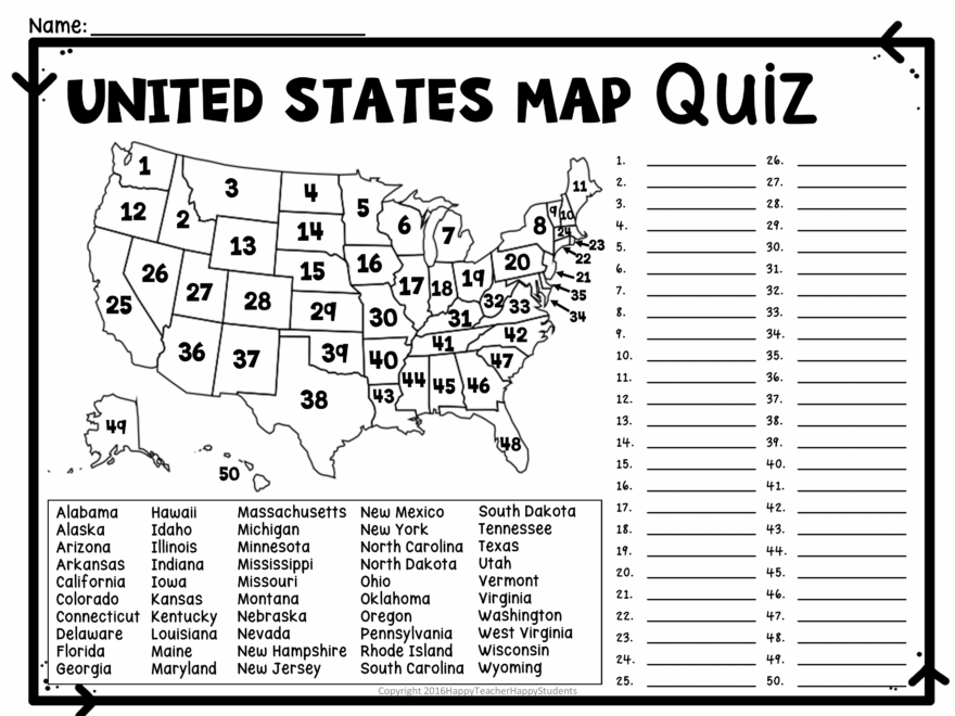 United States Map Quiz Worksheet USA Map Test W Practice Sheet US Map Quiz Classful
