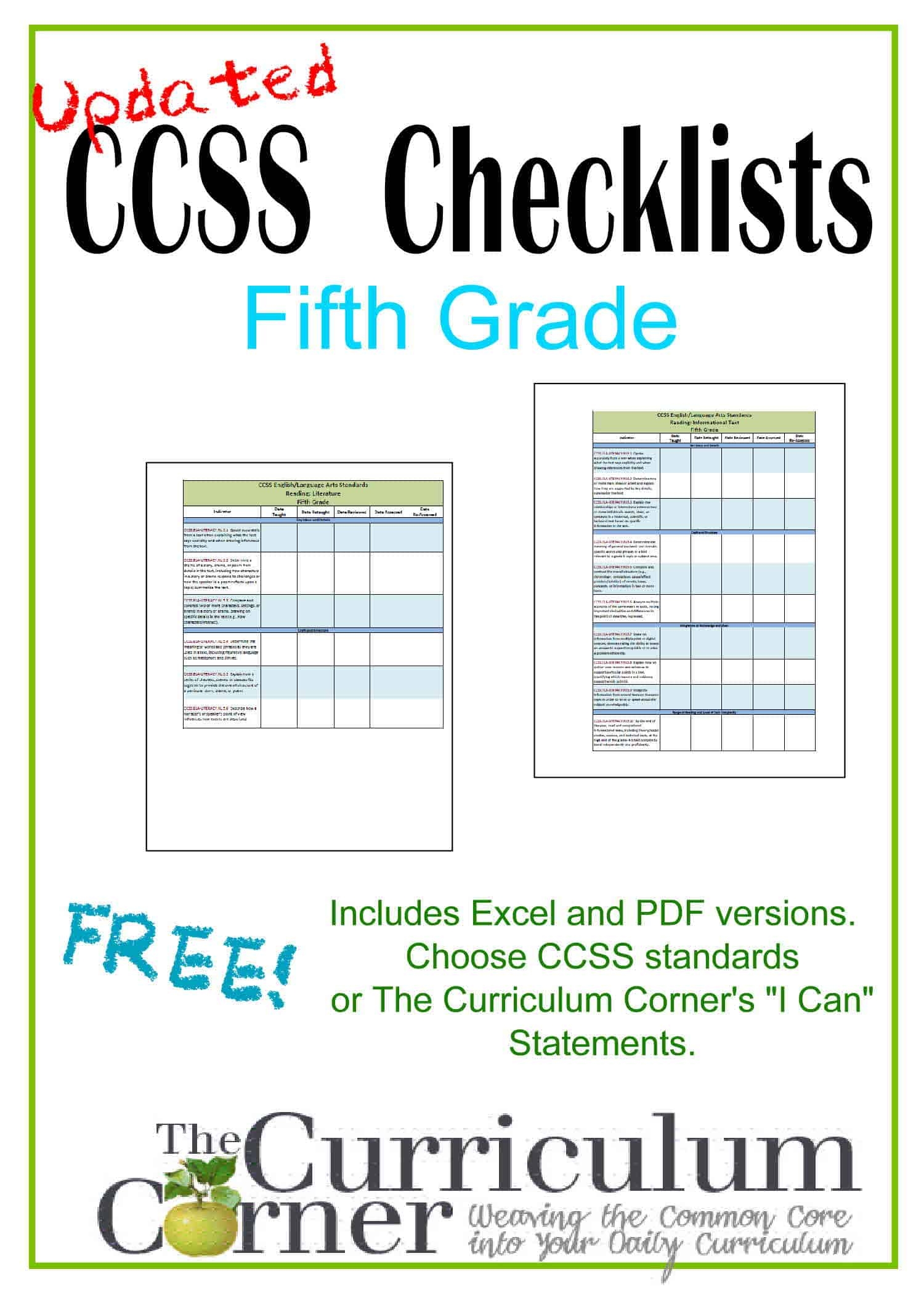 Updated 5th Grade CCSS And I Can Checklists The Curriculum Corner 4 5 6