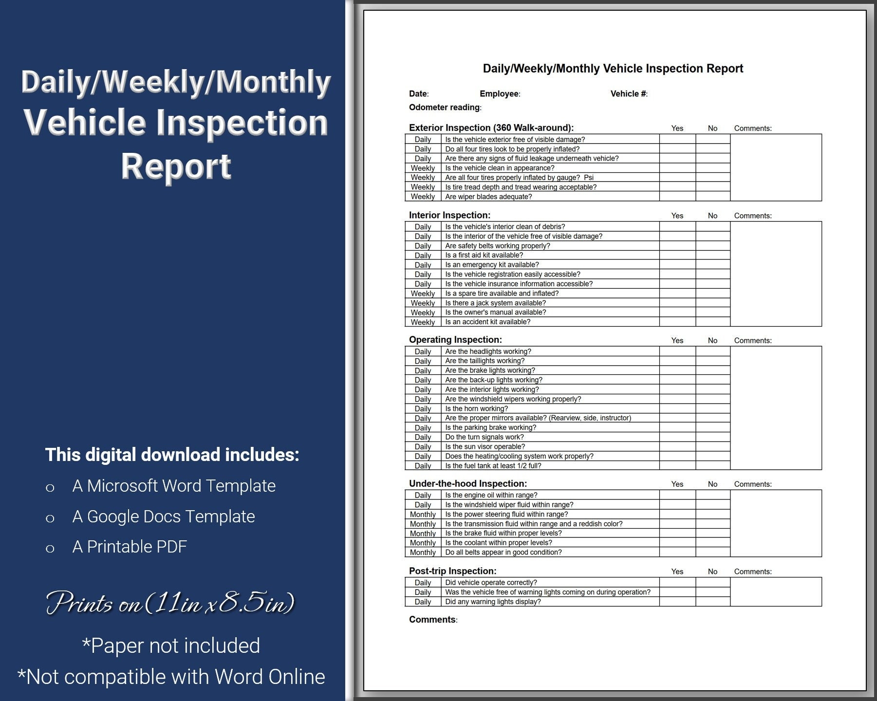 Vehicle Inspection Report Daily Weekly Monthly PDF Printable Vehicle Inspection Sheet MS Word Or Google Docs Vehicle Inspection Report Etsy UK