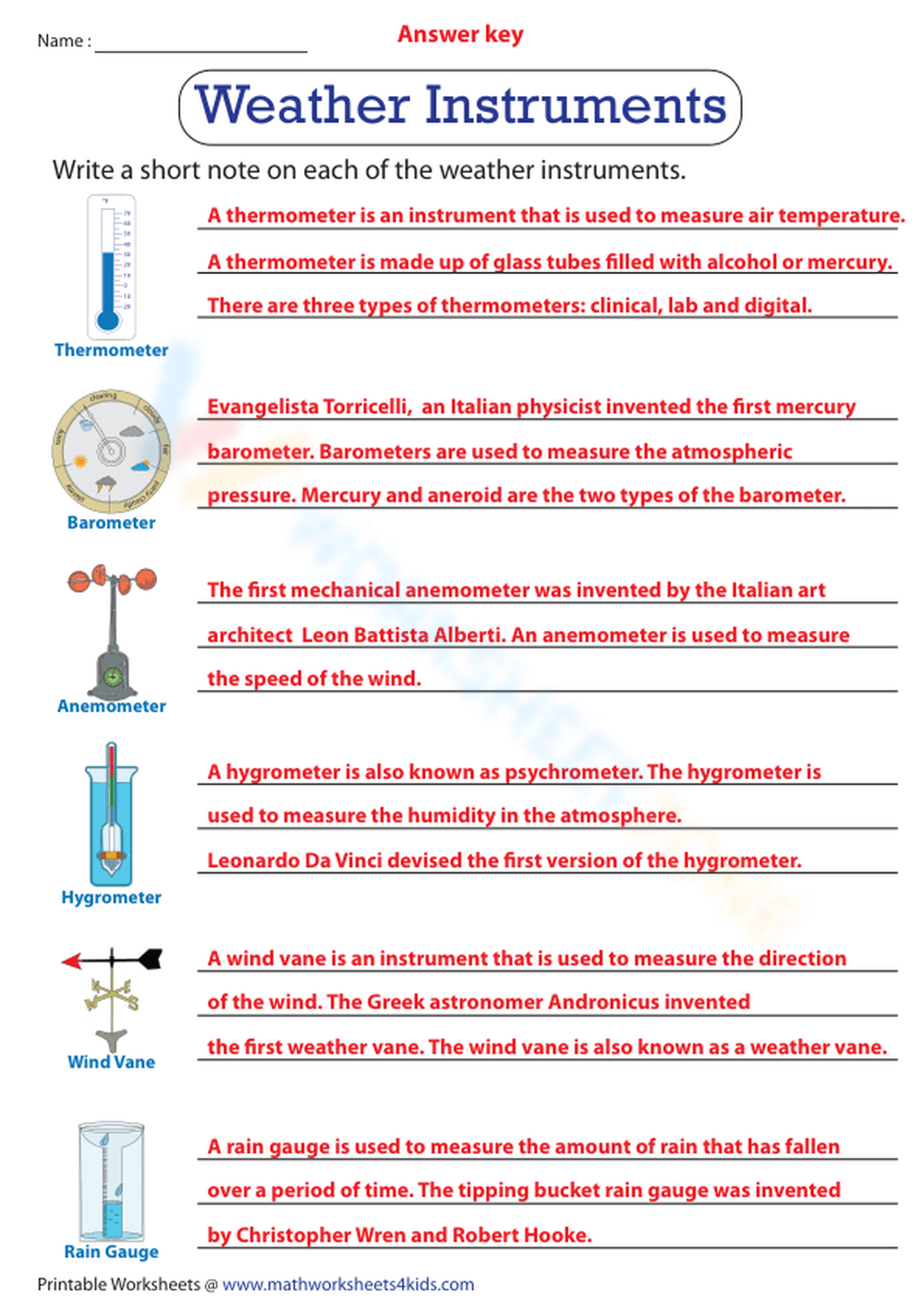 Free Printable Weather Instruments Worksheets