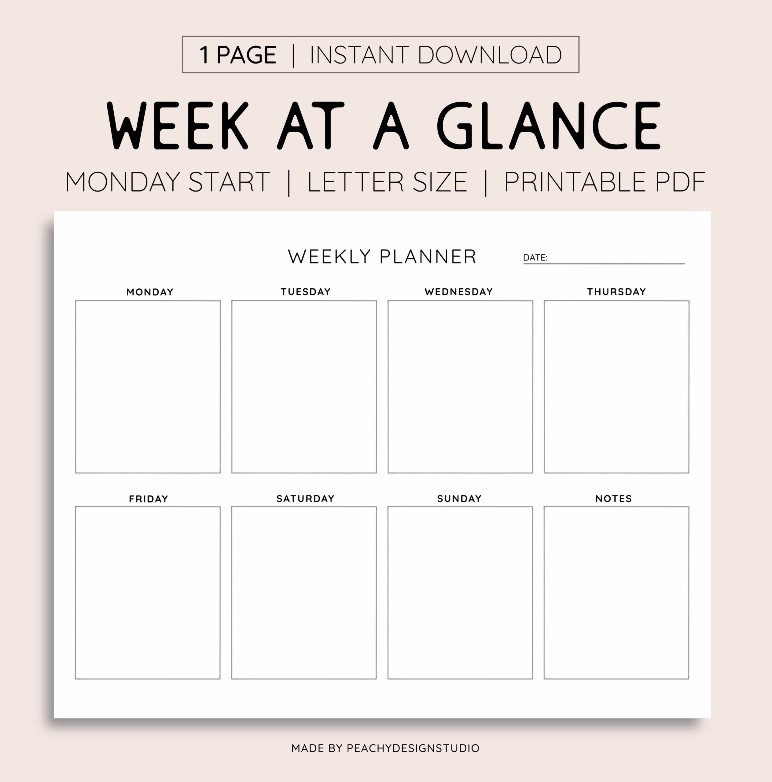 Week At A Glance Printable INSTANT DOWNLOAD Weekly Goal Planner Weekly To Do List Weekly Agenda Monday Start Letter Size Etsy