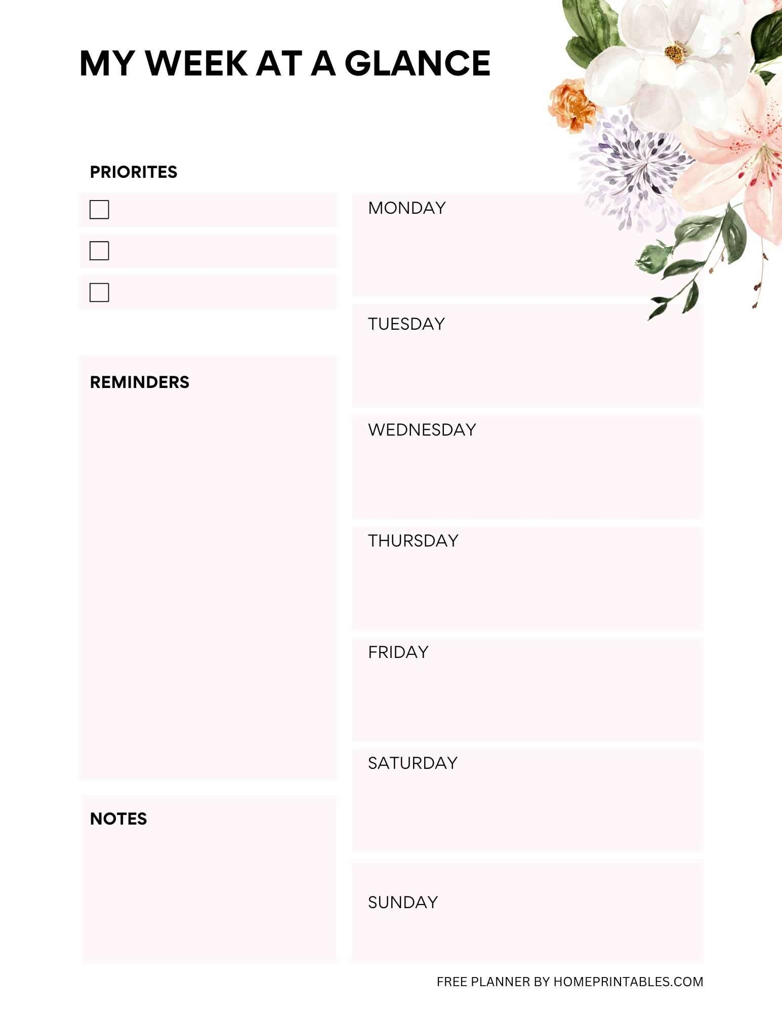 Week At A Glance Printable