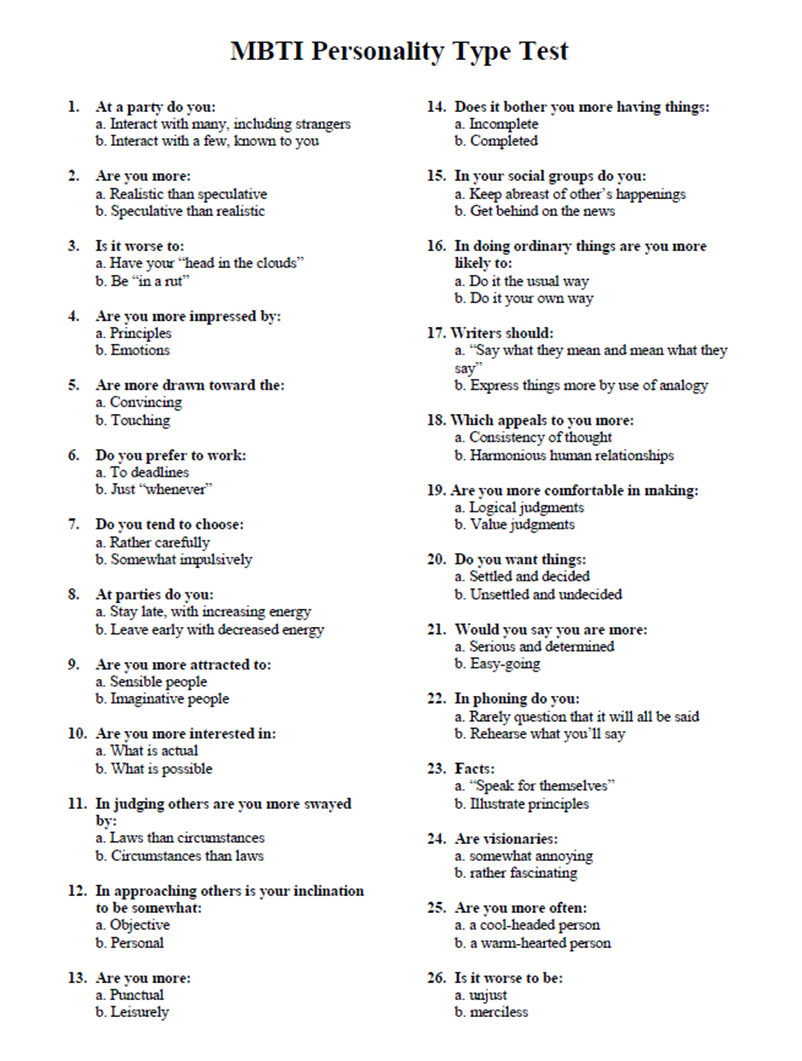 Myers Briggs Short Test Printable