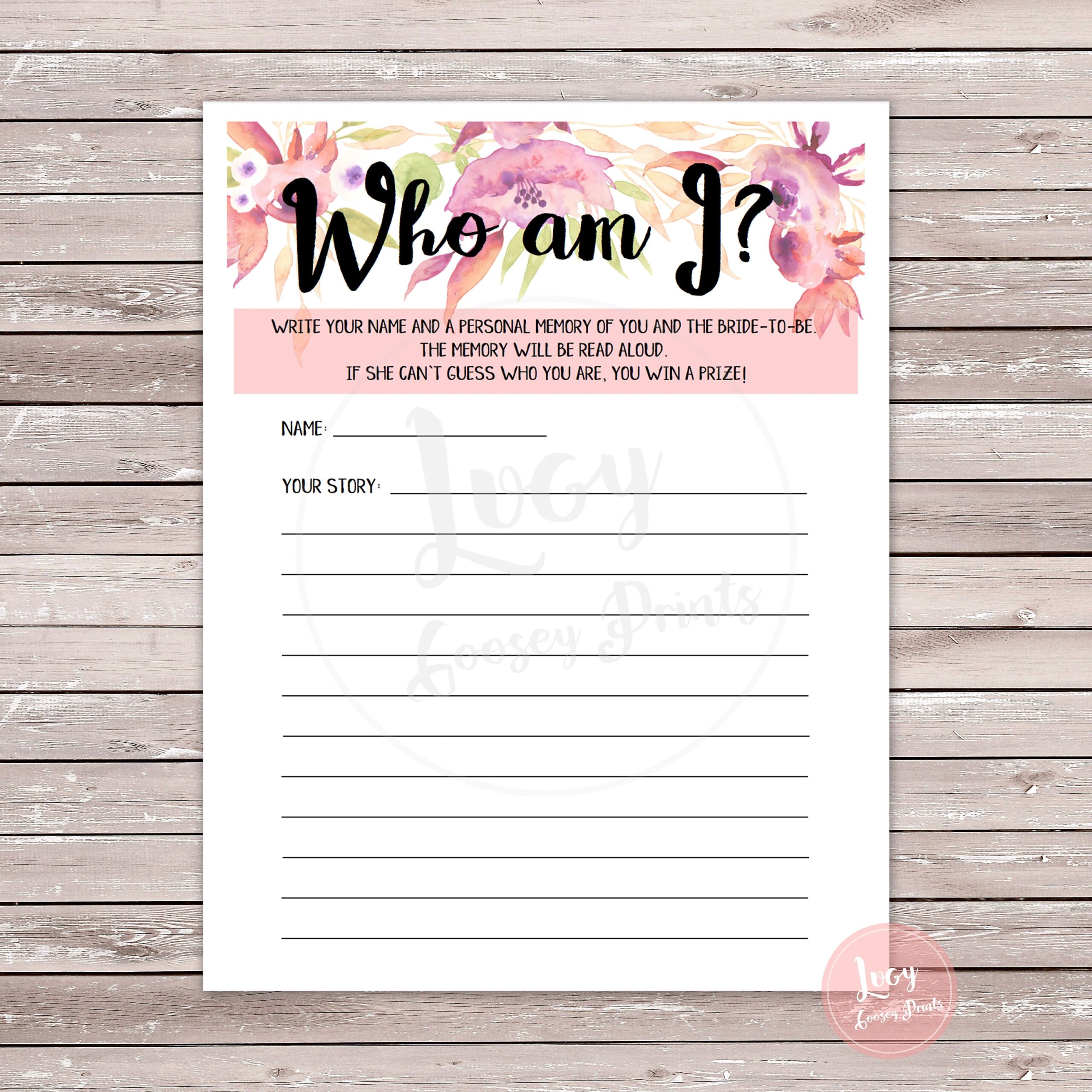 Who Am I Printable Game Instant Download Bachelorette Party Bridal Shower Game Flower Theme Etsy